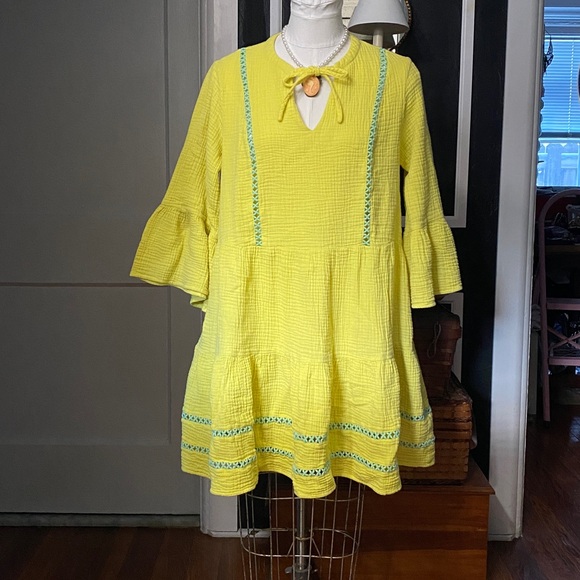 Scoop Boho Embroidered Chartreuse Yellow Dress - Picture 6 of 15